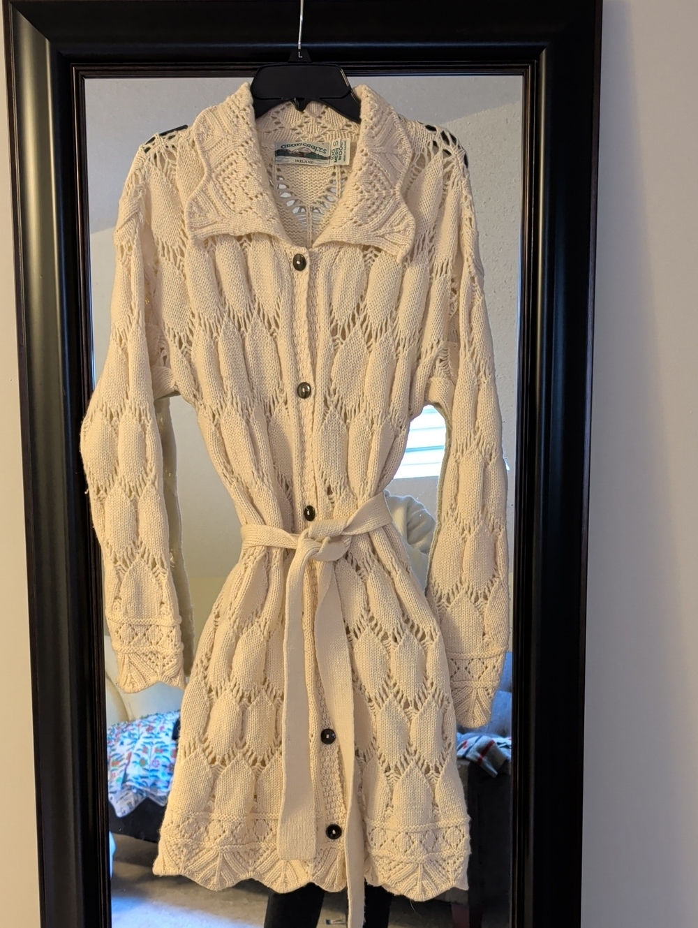 Aran Crafts Cream Openwork 100% Merino Wool Knit Belted Long Cardigan.